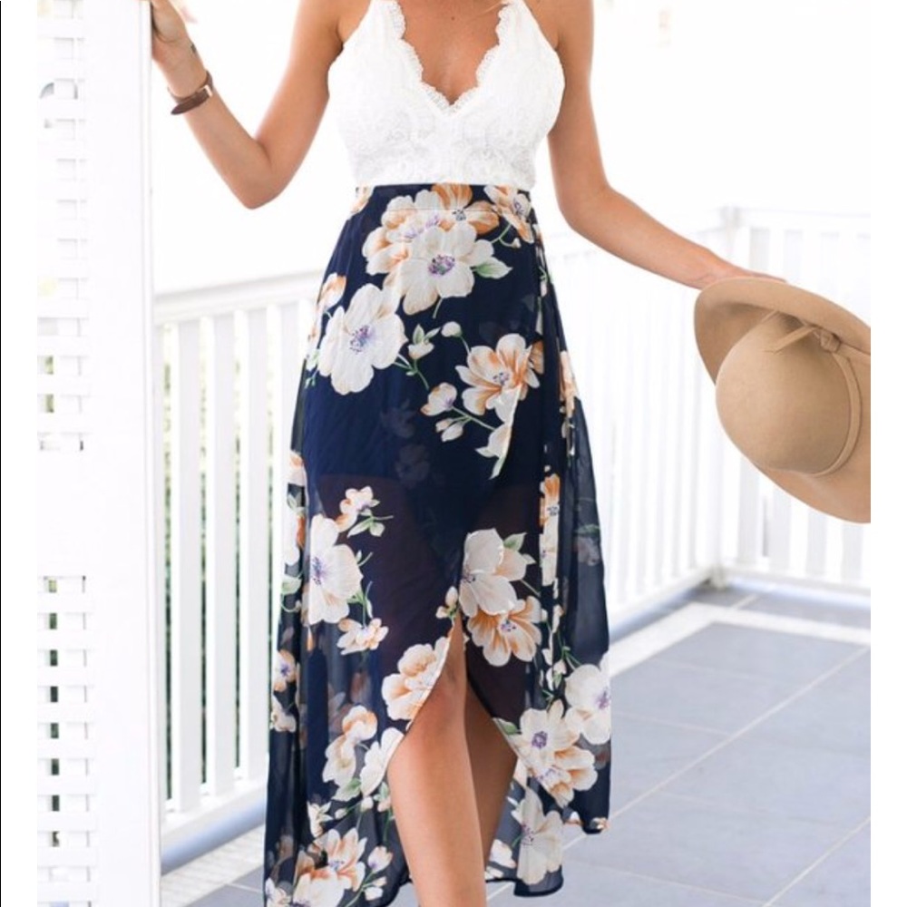 Lace top floral maxi dress